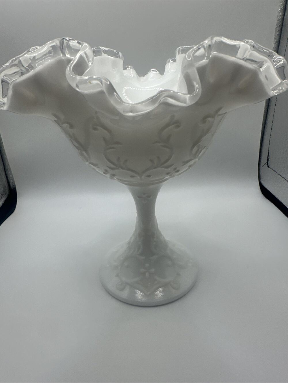 FENTON Silver Crest Milk Glass Spanish Lace Ruffled Compote Candy Dish 6.5" H